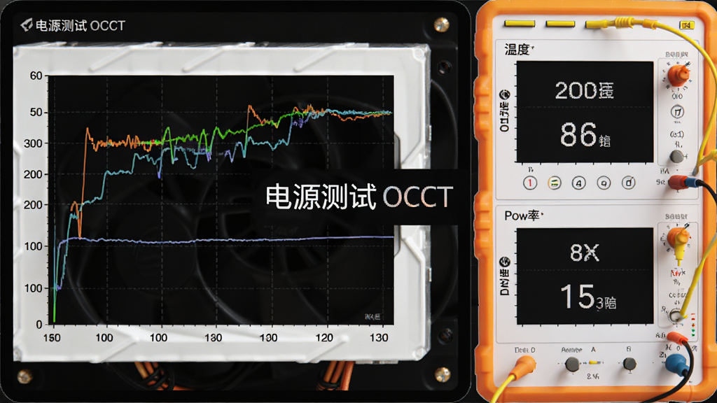 主体是一块电脑电源与测试仪表盘,布局为左右分栏,排版上左侧显示电压曲线图,右侧显示温度与功率数值,风格为简洁科技界面风,细节包括