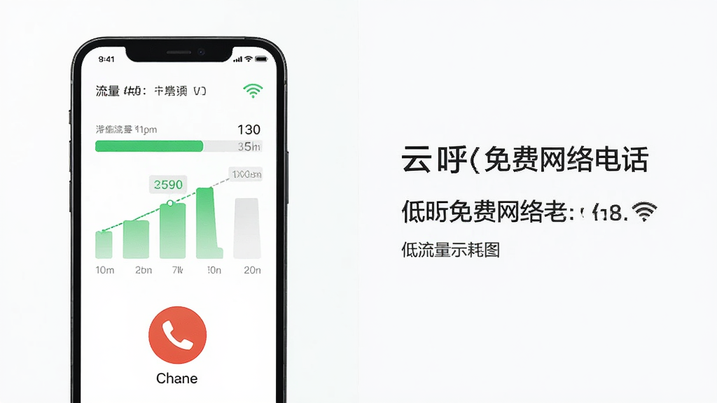 云呼免费网络电话低流量消耗示意图,主体为手机屏幕显示流量统计图表与通话图标,布局为左右分栏,排版左图右文,风格为数据可视化简约风,细节包含绿色流量条、数字标签、WiFi图标,画质高清,画面干净,无多余元素