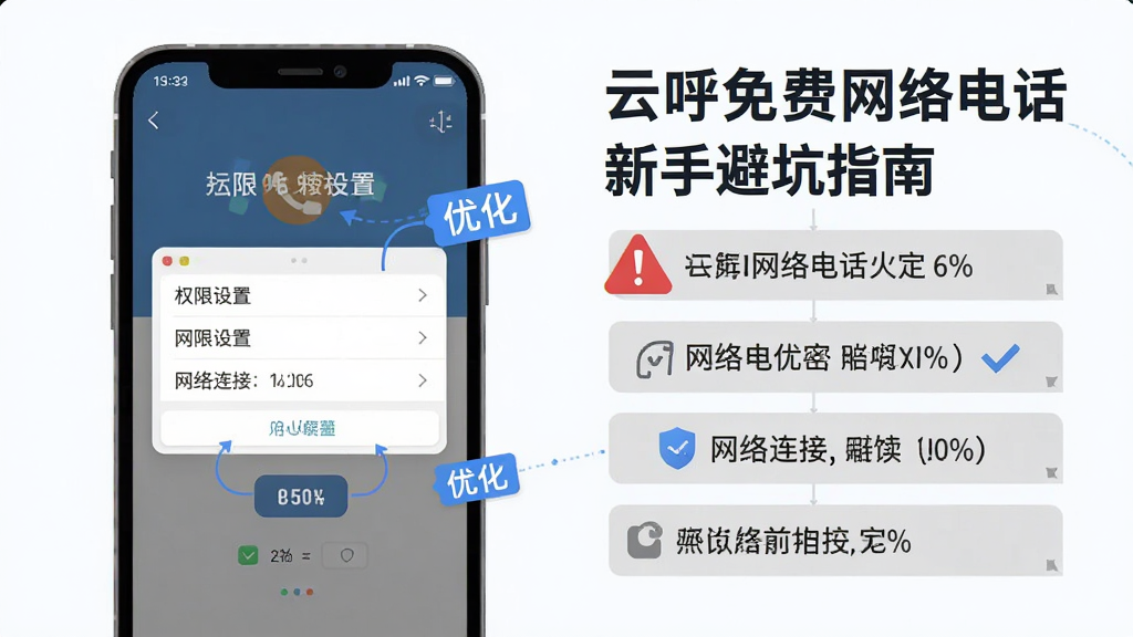 云呼免费网络电话新手避坑指南示意图,主体为手机屏幕显示权限设置与网络连接界面,布局为上下排列,排版左图右文,风格为扁平化信息图,细节包含红色警告图标、蓝色优化标签、灰色提示框,画质高清,画面干净,无多余元素