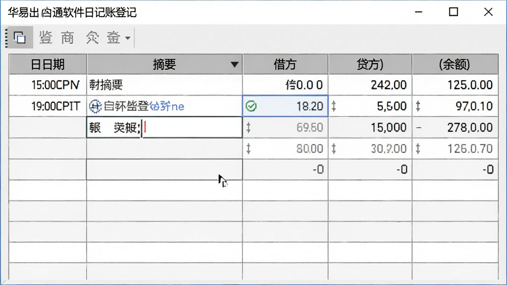 华易出纳通软件日记账登记界面,主体为数据录入表格,布局为典型的财务表格样式,包含日期列、摘要列、借方金额列、贷方金额列与余额列,排版紧凑清晰,风格为专业财务软件常用灰白配色,细节包含光标定位单元格、输入提示文字、校验图标,画质高清,画面干净,无多余元素