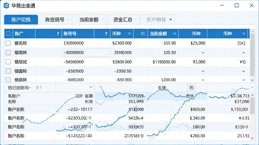 华易出纳通软件中多账户资金管理功能界面,主体为账户列表与资金汇总面板,布局采用上下结构,上方为账户切换标签栏,下方为对应账户的日记账明细表格,排版规整,风格为清爽商务蓝白配色,细节包含账户名称、账号、当前余额、币种等字段,画质高清,画面干净,无多余元素