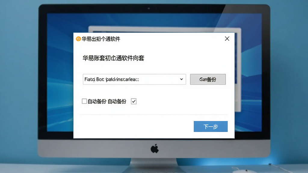 华易出纳通软件在新手电脑上首次运行的界面截图,主体为软件启动画面与账套初始化向导对话框,布局为居中对齐的弹窗形式,排版简洁,风格为友好的向导式界面,细节包含路径选择按钮、自动备份勾选框、下一步按钮,画质高清,画面干净,无多余元素