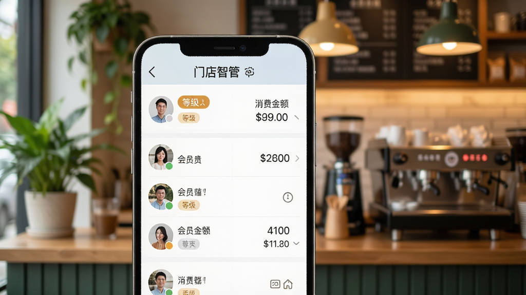 门店智管APP会员管理界面展示,手机屏幕显示会员列表与积分详情,界面顶部有“门店智管”字样,下方展示会员头像、等级标签和消费金额。背景为温馨的咖啡店柜台场景,有绿植和暖色灯光点缀,画面风格清新自然,主体突出,画质细腻,无多余元素干扰。