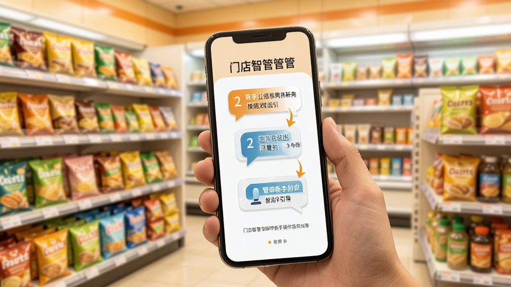 门店智管APP新手操作指引场景图,画面展示一只手拿着手机,屏幕上是门店智管的新手引导页面,有步骤提示气泡和箭头指示。背景为明亮的便利店货架,商品排列整齐。整体色调温暖,构图简洁,突出手机屏幕内容,画质清晰,无多余文字或水印。