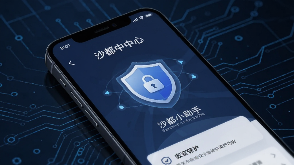 一张展示沙都小助手数据安全保护功能的图片,画面中手机屏幕显示安全中心界面,包含盾牌图标和加密锁标识,背景为深蓝色科技纹理,风格稳重专业,画质干净,无多余元素