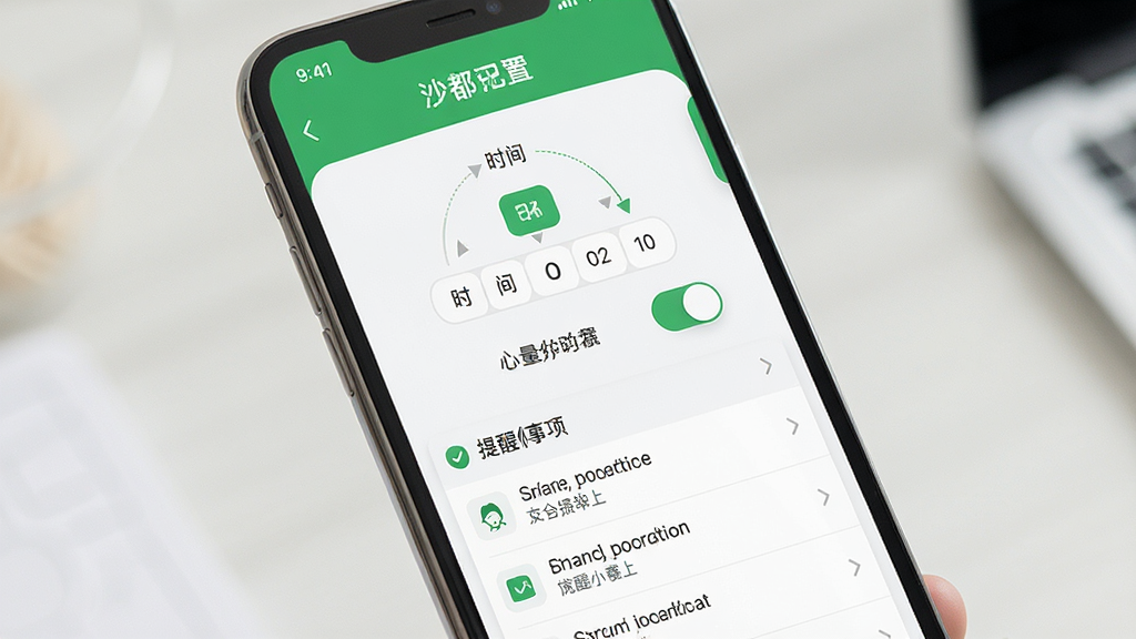 一张展示沙都小助手个性化提醒功能的图片,画面中手机屏幕显示提醒设置界面,包含时间选择器、开关按钮和提醒事项列表,界面配色为清爽的白色与绿色搭配,风格简洁实用,画质清晰干净,无多余元素