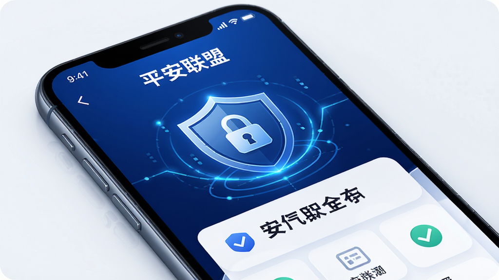 一部手机屏幕显示“平安联盟”安全中心页面,主体为盾牌图标与加密锁标识,布局为上下结构,排版突出安全状态提示文字,风格为科技安全风,细节包含深蓝色渐变背景、发光线条、简洁的勾选标记,画质细腻,干净利落