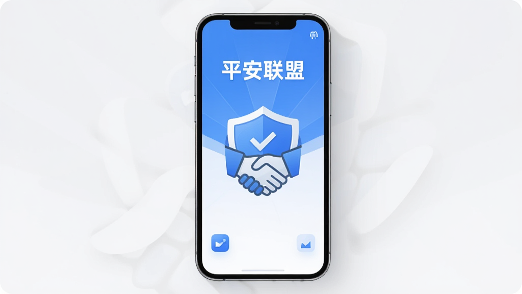 一幅横向宽屏数字插画,主体为一部智能手机居中放置,手机屏幕内显示蓝白色调的应用程序主界面,界面中央有醒目的盾牌与握手组合图标,屏幕上方文字标注“平安联盟”,布局采用左右对称的留白构图,排版简洁干净,风格为现代扁平化科技风,细节包括圆角图标、浅灰色背景与柔和阴影,画质清晰锐利,整体干净无多余元素