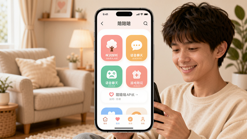 一个温馨的移动应用场景,画面中央是手机屏幕显示陪陪APP的首页界面,界面中有树洞倾听、语音聊天、游戏陪玩等分类图标,背景是柔和的暖色调房间,有沙发和绿植,一位年轻人微笑着看着手机屏幕,整体风格清新温暖,画质高清,干净无多余元素