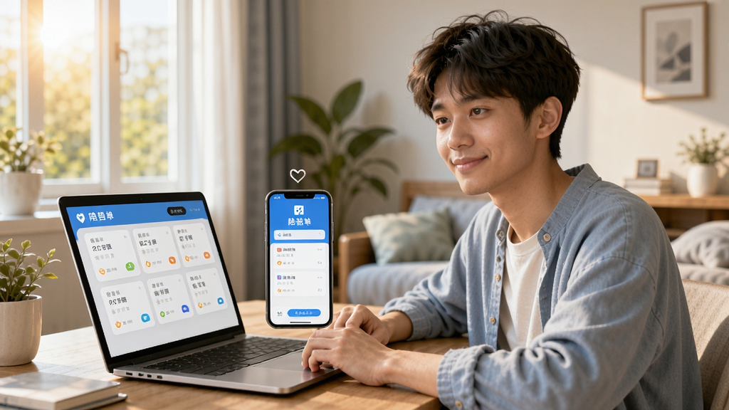 一位年轻人坐在书桌前,面前是笔记本电脑和手机,手机屏幕显示陪陪APP的接单页面,页面中有多个订单卡片,人物表情专注而轻松,背景是整洁的房间,窗外有阳光洒入,整体风格积极向上,画质高清,细节丰富