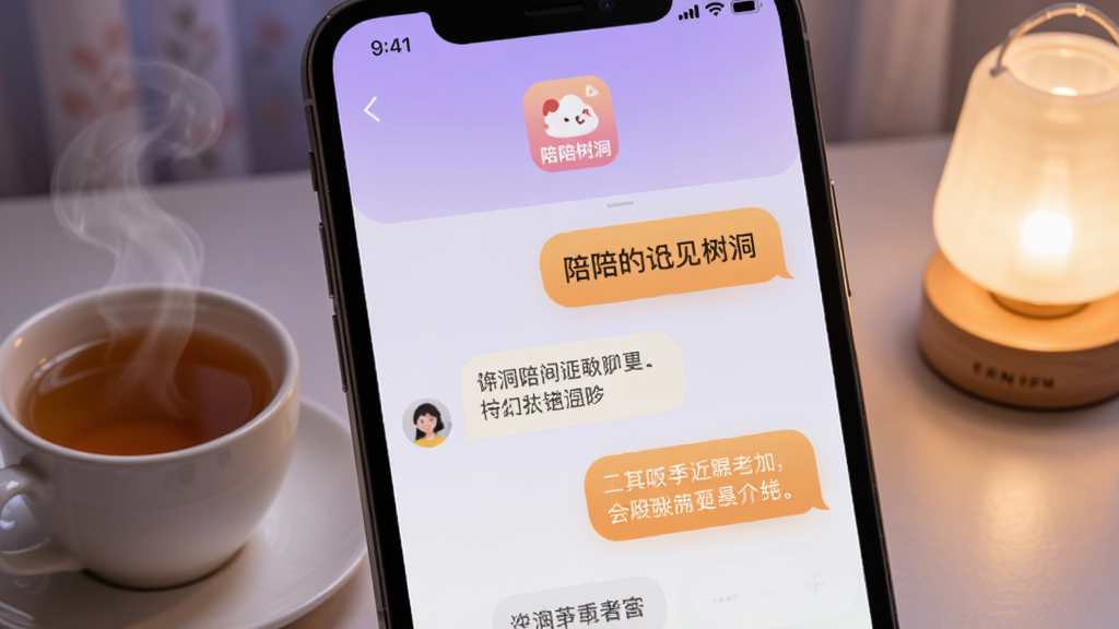 手机屏幕特写,显示陪陪APP的树洞聊天界面,对话框中有温暖的文字气泡,屏幕上方显示陪陪树洞标识,背景是淡紫色渐变,旁边有一杯热茶和一盏小夜灯,整体氛围安静治愈,画质清晰,干净简洁