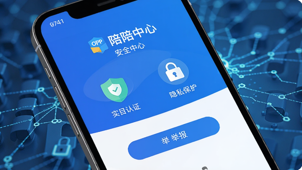 手机屏幕显示陪陪APP的安全中心页面,有实名认证盾牌图标、隐私保护锁图标、举报按钮等元素,界面以蓝色和白色为主色调,背景是抽象的网络安全纹理,整体风格专业可靠,画质清晰,干净利落