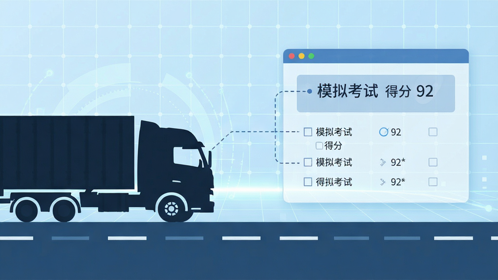 一张横向构图的学习场景插画,画面左侧是一辆行驶在公路上的货运卡车剪影,右侧悬浮着半透明的答题界面,界面上显示“模拟考试 得分 92”字样和几道选择题选项,中间用虚线连接,背景为淡蓝色科技感网格,风格扁平化,细节干净,画质清晰,无多余元素