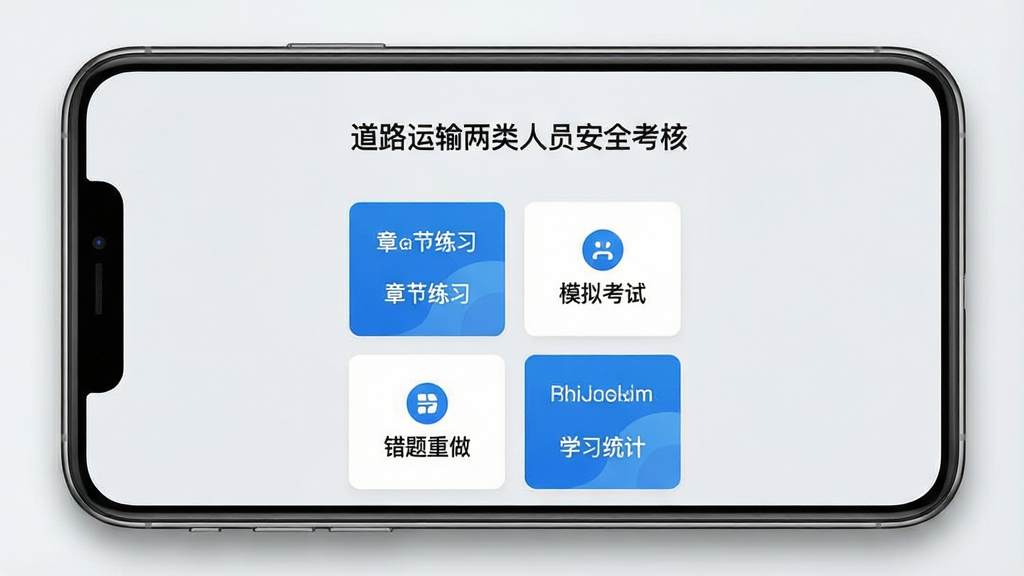 一张手机屏幕正面展示图,画面中央是“两类人考试”软件主界面,界面顶部显示“道路运输两类人员安全考核”标题,中部排列章节练习、模拟考试、错题重做、学习统计四个功能卡片,卡片采用蓝白配色,背景为干净的浅灰色渐变,手机四周有轻微阴影,整体风格简洁商务,排版整齐,画质清晰,干净,无多余元素