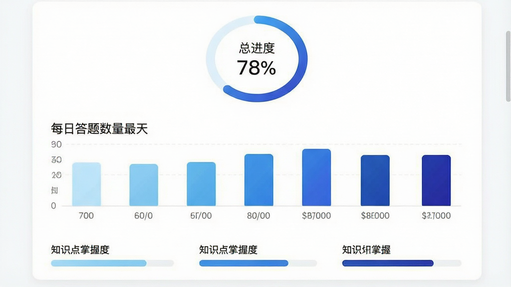 一张手机应用数据统计页面的截图风格图片,画面中上部是环形进度图显示“总进度 78%”,下方是柱状图展示最近七天的每日答题数量,柱子颜色由浅蓝到深蓝渐变,再下方是三个知识点掌握度进度条,整体界面为白色背景,卡片式布局,风格清爽素雅,画质清晰,干净,无多余元素