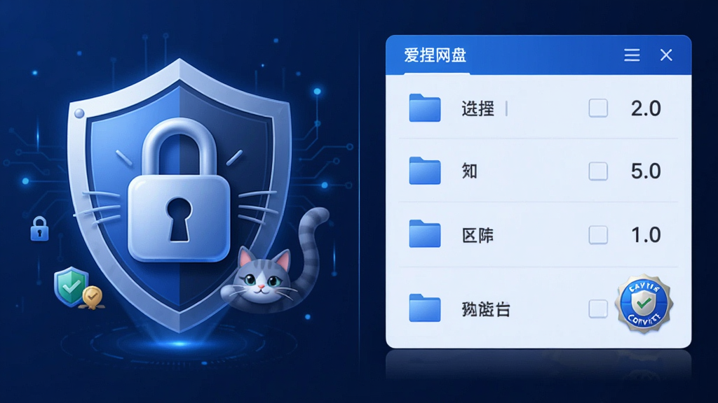 爱捏猫网盘 安全防护功能展示 主体为盾牌与猫咪形象结合 布局为左右分栏 左侧展示加密锁图标 右侧展示文件列表 排版清晰 风格为现代科技蓝调 细节包含安全认证标识 画质高清 干净 无多余元素