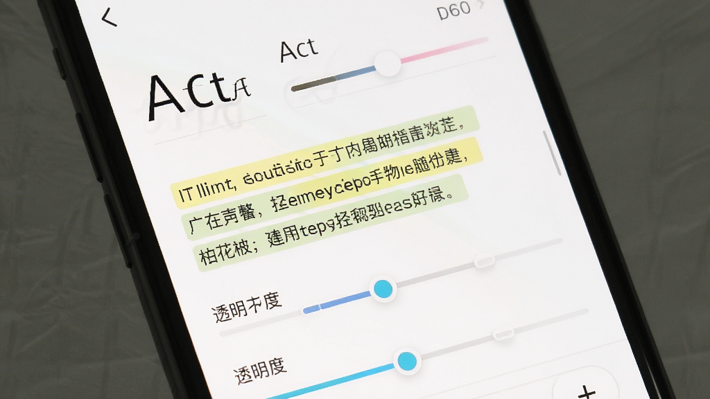 手机屏幕显示随声提词的台词编辑界面,界面上有丰富的字体大小、颜色、透明度调节滑块,画面风格为清新简约的UI展示,主体为编辑面板,布局整齐,细节包含高亮标记的文本段落,画质清晰,无杂乱元素。