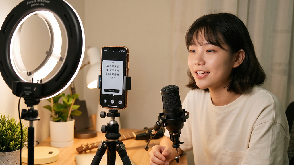 一位年轻创作者坐在桌前,手机架在三脚架上,屏幕显示随声提词悬浮窗,创作者正对着手机自信地口播,画面风格为温馨生活化摄影,布局突出人物与手机屏幕的互动,细节包含补光灯和麦克风,画质清晰明亮,无多余杂物。