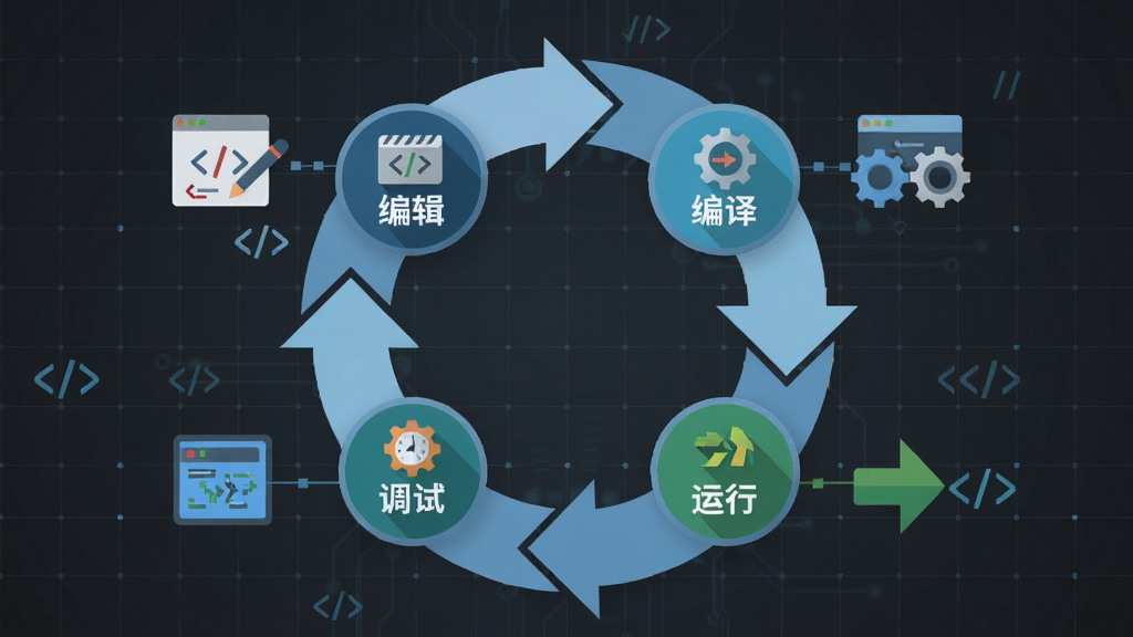 Bloodshed Dev-Cpp 编译调试流程图,画面展示一个圆形循环箭头,箭头内部依次排列着