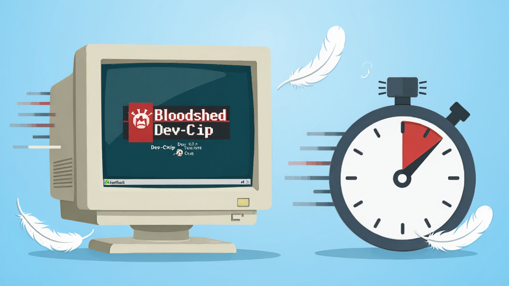 Bloodshed Dev-Cpp 轻量启动概念图,画面左侧是一台老式台式电脑,屏幕上显示 Bloodshed Dev-Cpp 启动画面,右侧有一个代表速度的秒表图标,背景是干净的浅蓝色渐变。风格为扁平化插画,细节包括飞驰的线条和轻盈的羽毛,画质清晰,画面干净,无多余元素。