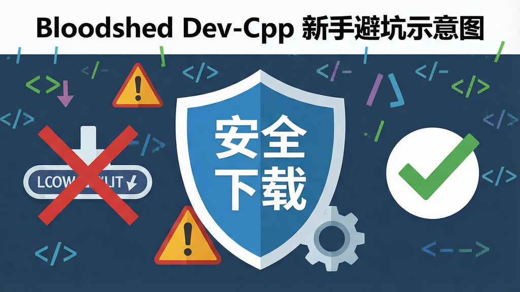 Bloodshed Dev-Cpp 新手避坑示意图,画面中央是一个盾牌图标,盾牌上写着