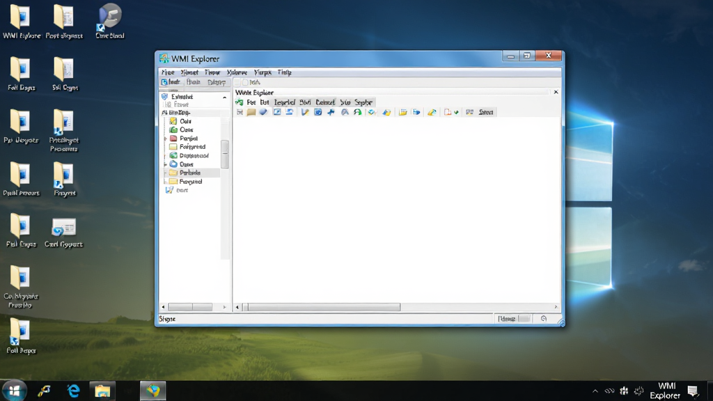 WMI Explorer软件运行在Windows桌面上的场景图,画面展示电脑桌面打开WMI Explorer软件窗口,周围有文件夹图标和任务栏,软件界面清晰可见,风格为真实桌面截图风格,布局自然,排版合理,细节包括窗口阴影、任务栏图标、桌面背景等,画质清晰,干净,无多余元素