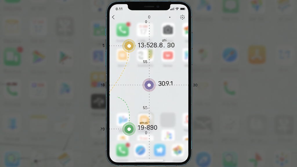自动连点器点击器软件界面截图,画面中有三个不同颜色的圆形点击标记分布在屏幕不同位置,每个标记旁有数字显示间隔时间,手机屏幕背景为浅色应用界面,整体风格为清新简约的UI展示图,布局为手机正面平铺,细节包括清晰的坐标线和参数标签,画质高清,干净整洁