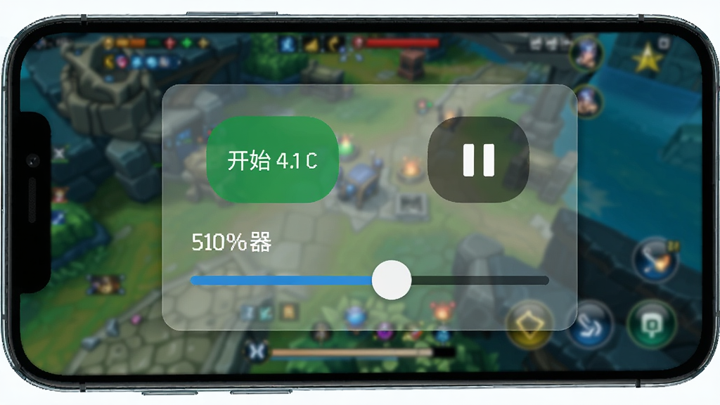 自动连点器点击器的悬浮控制面板特写图,面板半透明显示在手机屏幕边缘,上面有开始暂停按钮和速度调节滑块,背景是模糊的游戏画面,风格为功能展示图,布局为手机横屏视角,细节包括面板上的数值和图标,画质清晰,无杂乱元素