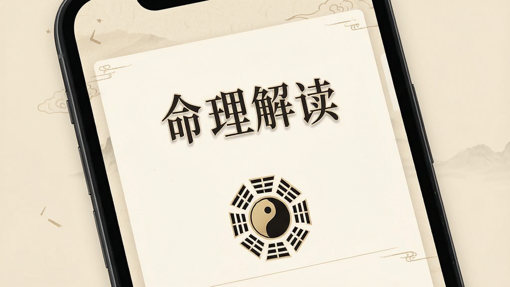 一张论八字软件命理解读页面的展示图,画面为手机屏幕,屏幕中显示分段文字内容,标题为“命理解读”,文字下方配有小型八卦图标,布局为上下滚动式阅读界面,风格为古典雅致,细节包括柔和米色背景、清晰字体、简洁排版,画质高清,干净,无多余元素
