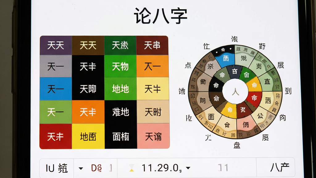 一张论八字软件排盘界面的特写图,画面主体为手机屏幕,屏幕中显示四柱八字表格,天干地支用不同颜色区分五行,旁边配有圆形命盘图,布局为上下结构,上方标题写“论八字”,下方为排盘数据,风格为简洁工具类界面,细节包括清晰的文字、五行色块、细线表格,画质高清,干净,无多余元素