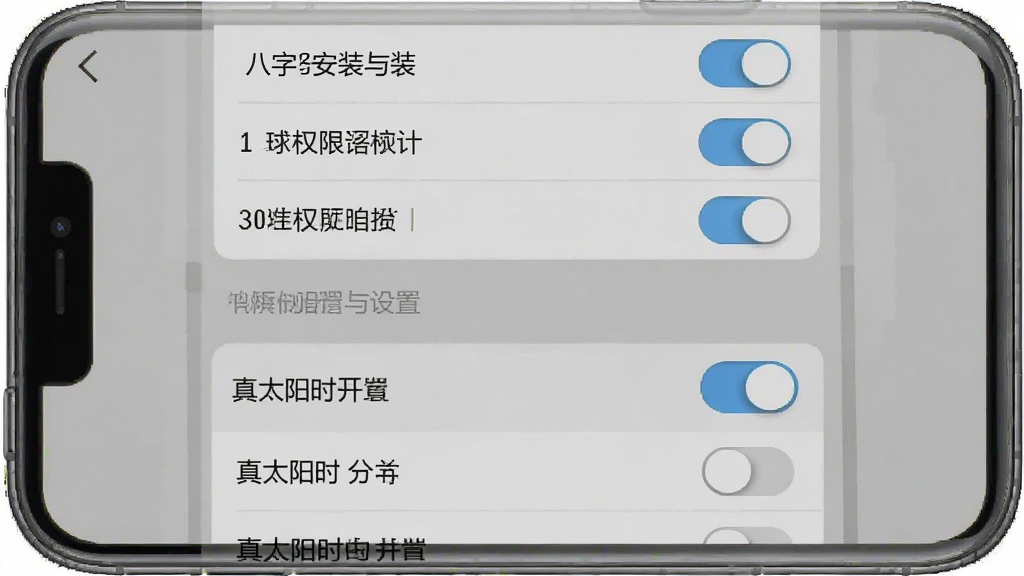 一张论八字软件安装与设置界面的示意图,画面为手机屏幕,屏幕中显示权限设置页面和真太阳时开关,布局为上下分栏,上方为权限列表,下方为设置选项,风格为简洁工具界面,细节包括清晰的开关按钮、文字说明、灰色背景,画质高清,干净,无多余元素