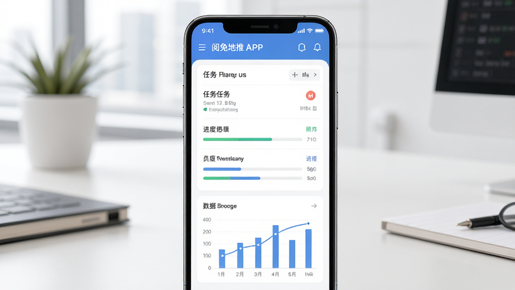 阅兔地推软件主界面预览图,画面中央展示一部智能手机,手机屏幕上显示阅兔地推APP的任务管理面板,界面上有任务列表、进度条和数据统计图表,背景为简洁的办公桌面环境,整体风格清新现代,画质清晰,干净无多余元素