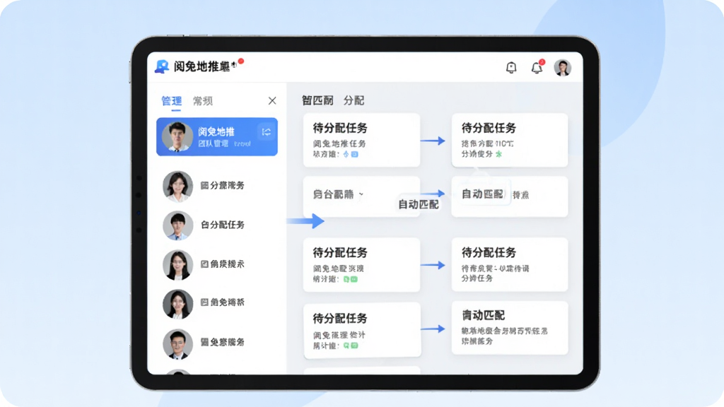 阅兔地推任务智能分配功能展示图,画面展示平板电脑屏幕上阅兔地推的团队管理界面,多个成员头像排列在左侧,右侧是待分配任务卡片,中间有箭头连接示意自动匹配,背景为浅蓝色渐变,风格商务简洁,画质清晰,干净无多余元素