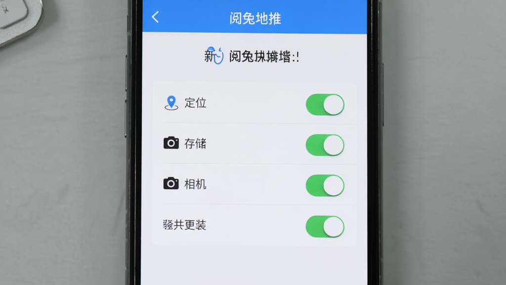 阅兔地推新手安装设置引导图,画面展示手机屏幕特写,屏幕上显示阅兔地推的权限设置页面,有定位、存储、相机等权限开关,背景为简洁的灰色桌面,风格清晰直观,画质干净无多余元素