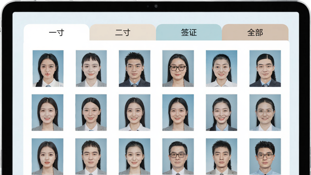 电子证件照查存分类管理界面,屏幕中展示多个标签页如“一寸”“二寸”“签证”“全部”,下方为对应证件照缩略图列表,布局整齐,色彩柔和,风格简约清新,画质清晰,无杂乱元素