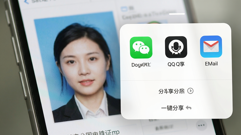 电子证件照查存一键分享功能展示,手机屏幕弹出分享面板,包含微信、QQ、邮件等图标,背景为证件照预览图,界面设计简洁大方,色彩明快,画质清晰,无多余元素