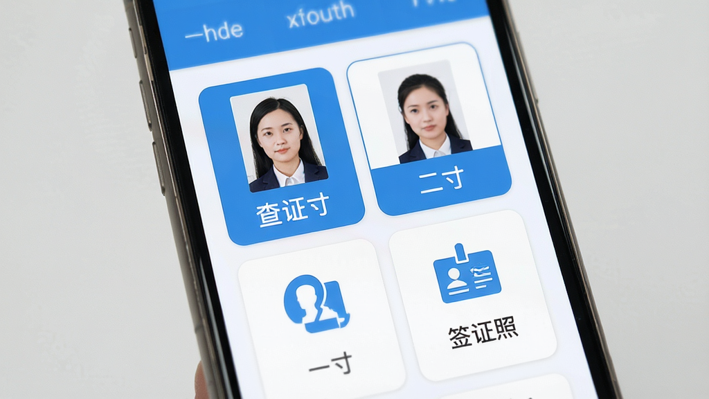 电子证件照查存软件主界面展示,手机屏幕中央排列着证件照分类卡片,包含一寸、二寸、签证照等类别图标,整体布局干净整洁,采用蓝色与白色为主色调,扁平化设计风格,画面清晰明亮,画质细腻,无多余元素