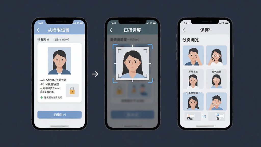 电子证件照查存新手操作流程图,手机屏幕展示从安装到扫描再到保存的步骤示意图,包含权限设置、扫描进度、分类浏览等画面,布局清晰,风格扁平化,色彩柔和,画质干净,无多余元素