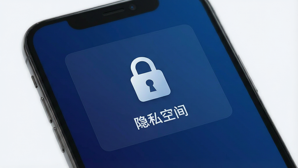 电子证件照查存隐私安全功能界面,屏幕显示锁形图标与“隐私空间”字样,背景为深蓝色渐变,风格稳重安全,画面干净利落,画质细腻,无多余装饰
