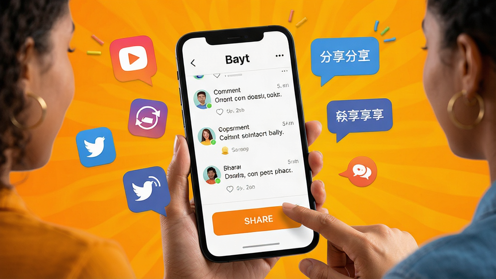 一张展示Bayt播客分享与互动社区功能的场景图,画面中一部手机屏幕显示评论区和分享按钮,周围有代表社交平台的图标和对话气泡,人物手指正点击分享按钮,背景为明亮的橙黄色调,风格活泼,布局生动,细节精致,画质高清,画面干净,无多余元素,画面中不出现任何文字。