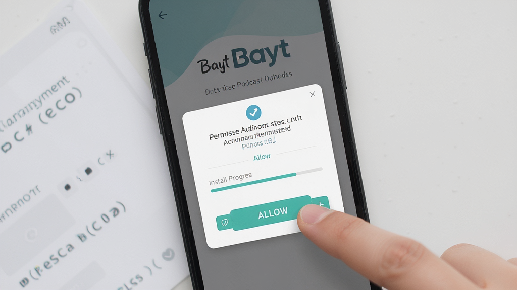 一张展示Bayt播客新手安装与权限设置引导页面的场景图,画面中手机屏幕显示权限授权弹窗和安装进度条,旁边有手指点击允许按钮的动作,背景为浅灰色,风格简洁明了,细节清晰,画质高清,画面干净,无多余元素,画面中不出现任何文字。
