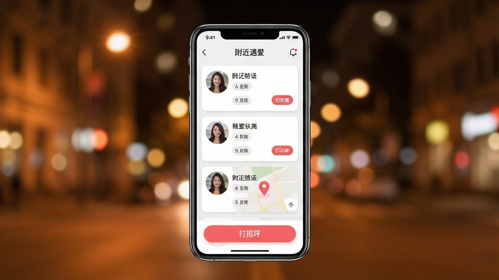 一张手机屏幕展示附近遇爱软件主界面的图片,画面中央是手机,手机屏幕上显示附近遇爱APP的首页,包含用户头像卡片列表和地图定位图标,背景是温馨的城市夜景,布局居中,风格现代简洁,细节包含头像、距离标签、打招呼按钮,画质清晰,干净,无多余元素