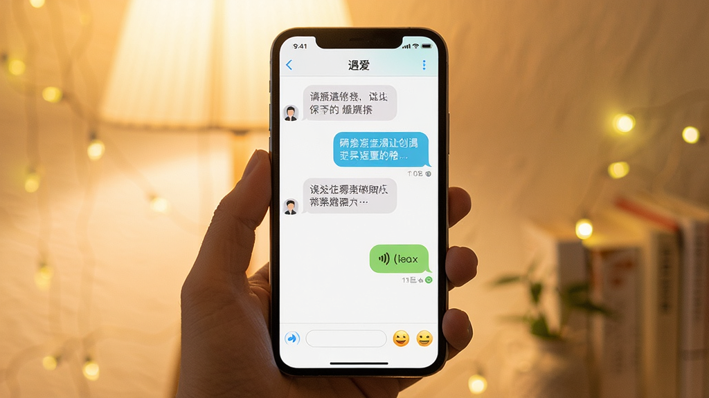 一张展示附近遇爱聊天界面的图片,画面主体是手机屏幕,屏幕上显示聊天气泡对话框,包含文字消息和语音消息图标,布局为手机居中,背景为柔和的暖色调,风格亲切自然,细节包含发送按钮、表情图标、已读标记,画质清晰,干净,无多余元素