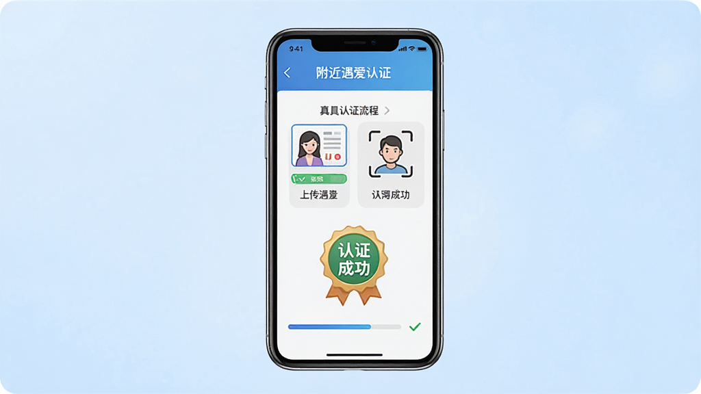 一张展示附近遇爱真人认证流程的图片,画面中手机屏幕显示认证页面,包含身份证上传框、人脸识别图标和认证成功徽章,布局为手机居中,背景为简洁的浅蓝色渐变,风格正式且友好,细节包含认证标识、勾选图标、进度条,画质清晰,干净,无多余元素