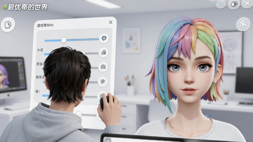 碧优蒂的世界角色定制界面生图,画面展示一位用户正在编辑3D虚拟角色的面部细节,屏幕左侧为参数调节滑块,右侧为角色实时预览,角色拥有精致的五官与多彩发色,背景为简洁的编辑工作室风格,界面中带有
