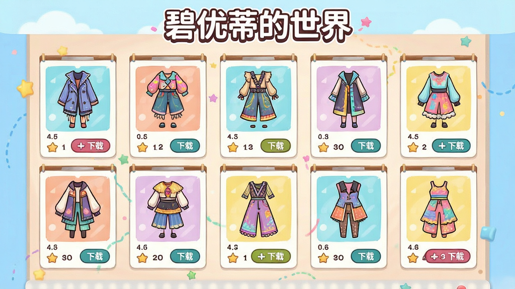 碧优蒂的世界创意工坊界面生图,画面展示一个虚拟服装设计展示墙,墙上挂满用户创作的各式服装设计图,每件作品下方有点赞数与下载按钮,界面顶部有