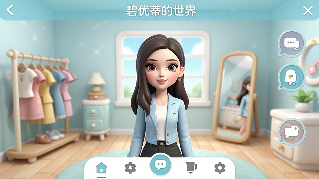 碧优蒂的世界应用主界面展示图,画面中央为一位3D虚拟角色站在明亮的虚拟房间中,周围环绕着服装架、镜子与社交互动图标,界面布局清晰,顶部显示应用名称
