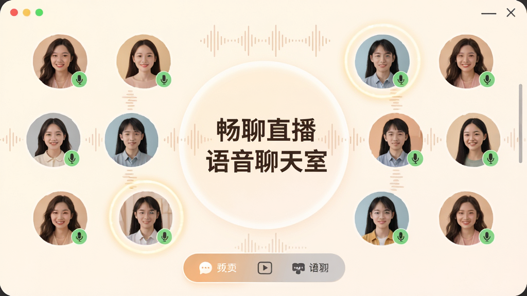 畅聊直播语音聊天室界面展示图,主体为圆形头像排列的语音房间,布局中央为房间主题文字、四周环绕用户头像与麦克风状态,排版对称平衡,风格柔和温馨,细节包含声波纹理、发言高亮光圈、底部功能按钮,画质清晰干净,无多余元素