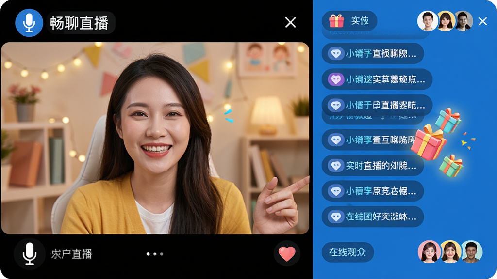 畅聊直播实时互动直播功能展示图,主体为直播画面与聊天面板同屏显示,布局左侧为主播视频区域、右侧为滚动弹幕列表,排版紧凑合理,风格活泼明快,细节包含麦克风图标、礼物动效、在线观众头像,画质清晰干净,无多余元素
