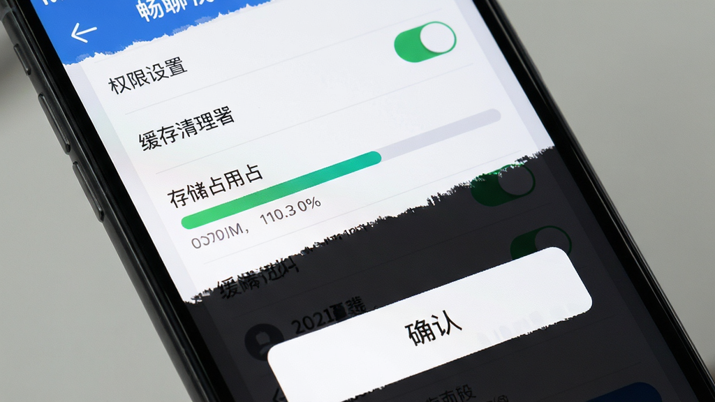 畅聊直播移动端操作界面细节图,主体为手机屏幕特写展示权限设置与缓存清理页面,布局上下分层、选项列表清晰,排版简洁直观,风格扁平化,细节包含开关按钮、存储占用条、确认弹窗,画质清晰干净,无多余元素